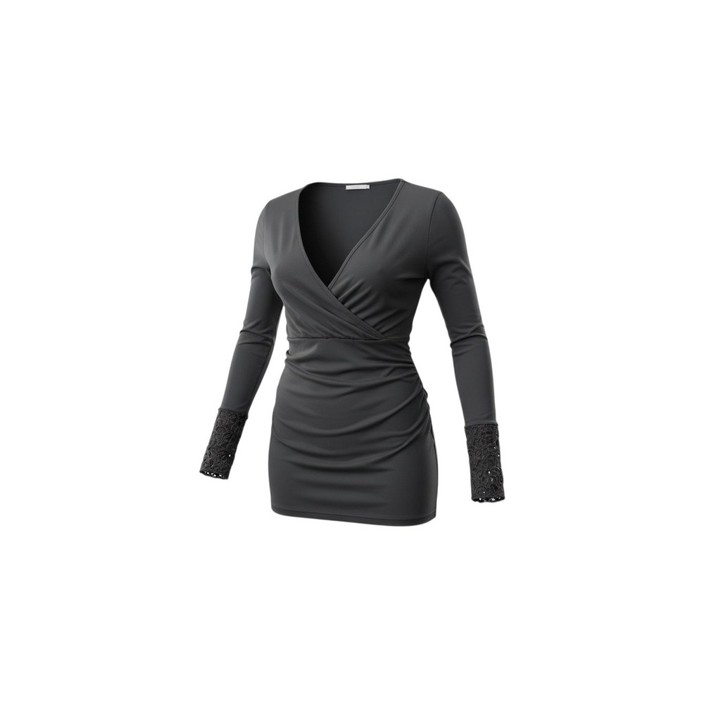 See You Monday Mini Dress Womens Medium Charcoal Grey Lace Cuff V-Neck JS9148